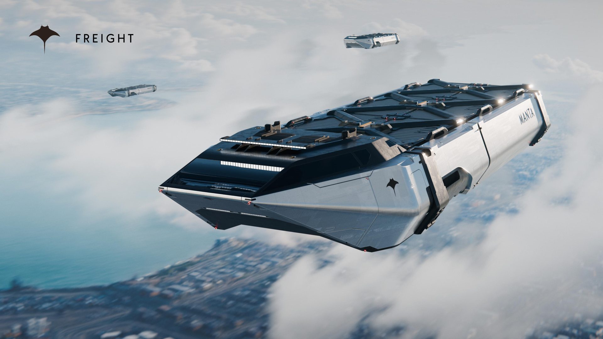 Manta freight vehicle in flight over a coastline